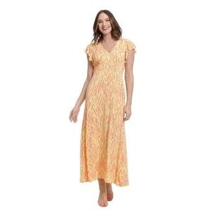 London Times Women's 16 Yellow Pink Print A Line Maxi Dress Ruffle Sleeve